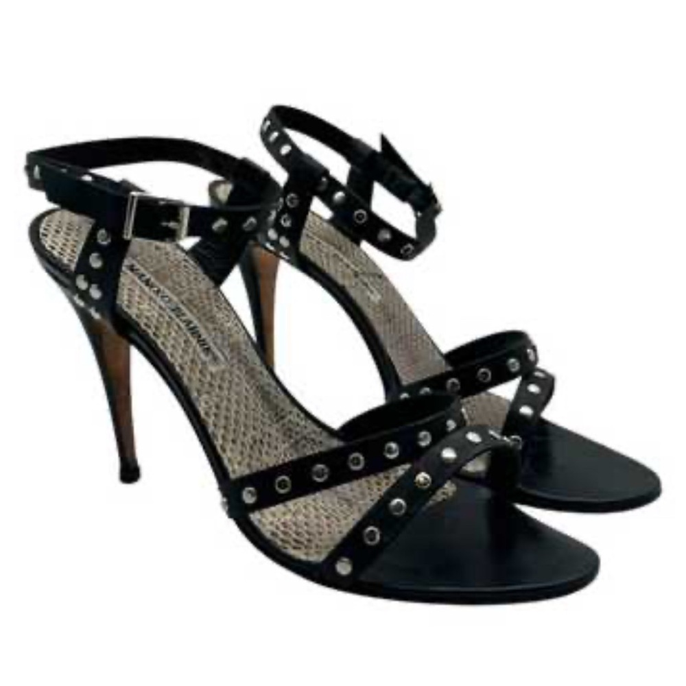 Manolo Blahnik Black Leather Studded strappy heels 40 size 10‎  snakeskin